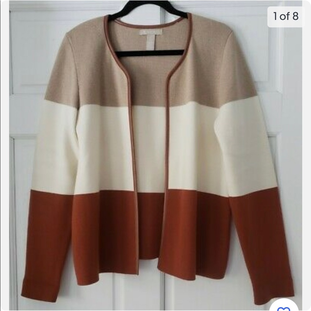 Banana Republic Colorblock Leather Trim Open Cardigan Sweater Tan Cream